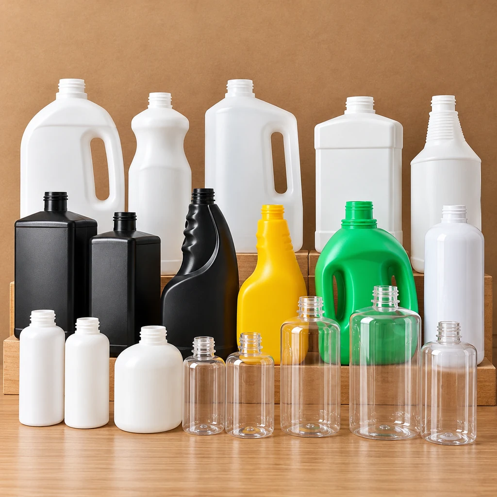 Group of handle bottles shaped bottles and smaller containers in different colors