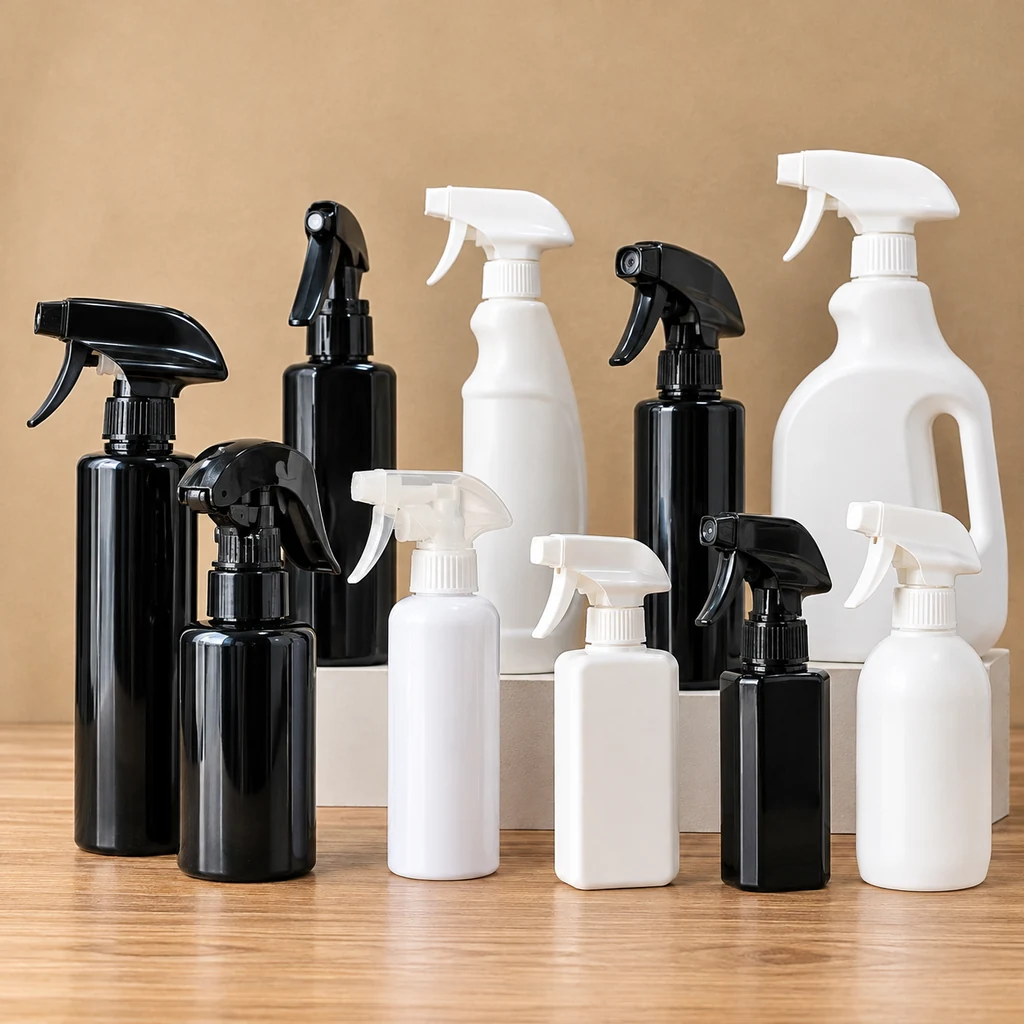Group of black and white trigger spray packaging samples in different bottle shapes