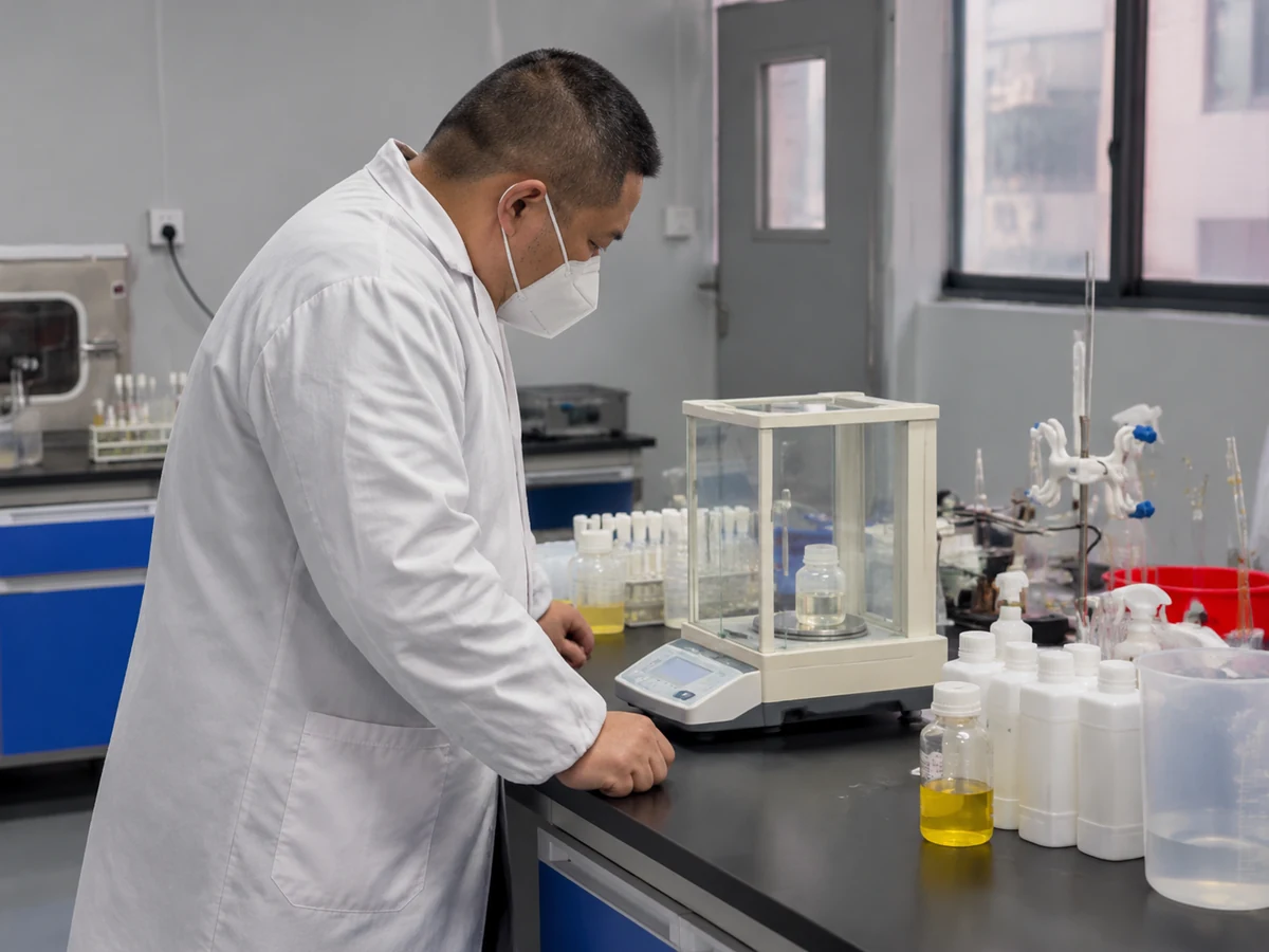 Illustrative liquid sample weighing scene with a technician observing a laboratory balance