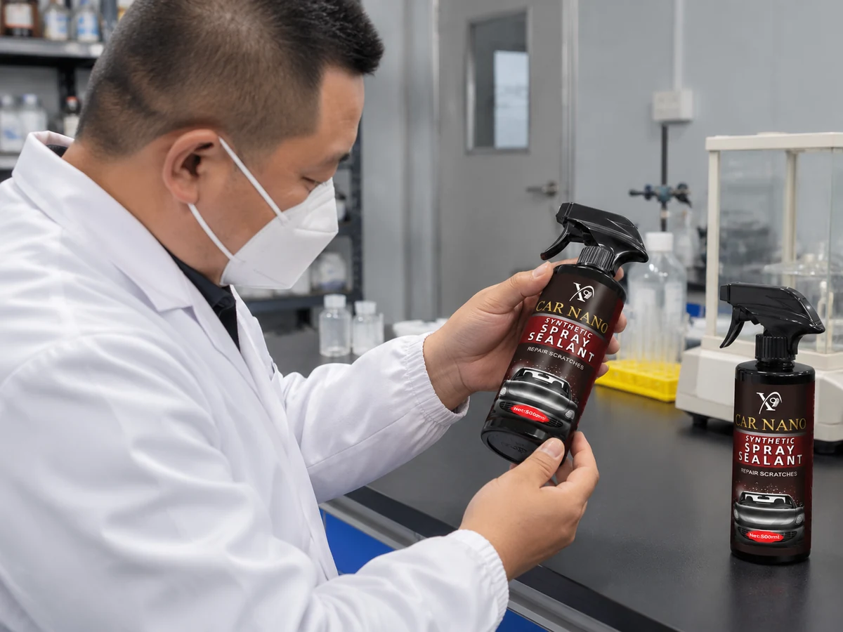 Illustrative finished packaging inspection with a technician examining a spray bottle label and bottle base