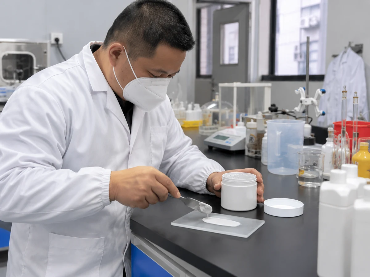 Illustrative paste sampling and texture observation with a technician spreading a small sample on a plate