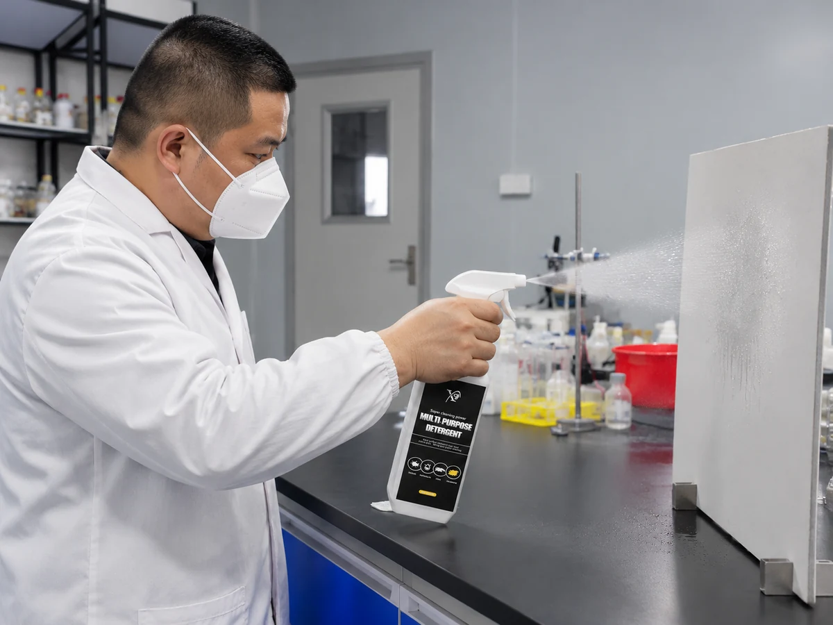 Illustrative spray pattern evaluation with a technician spraying a multipurpose cleaner toward a test panel