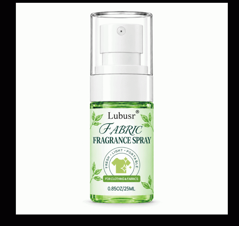 Lubusr Fabric Fragrance Spray 25ml green bottle with a white spray pump for clothing and fabrics