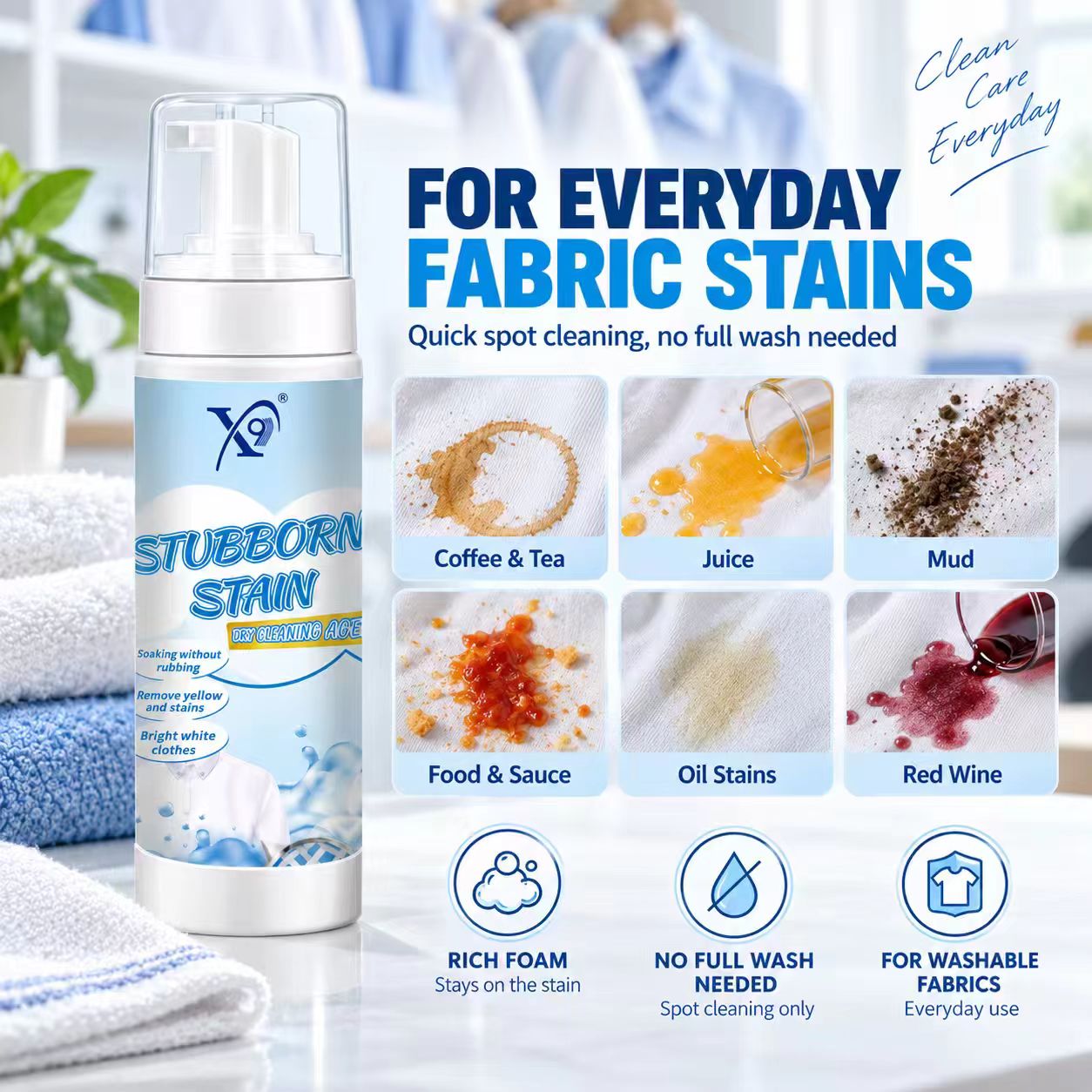 Foaming fabric stain remover for laundry stores supermarkets household stores and online retail