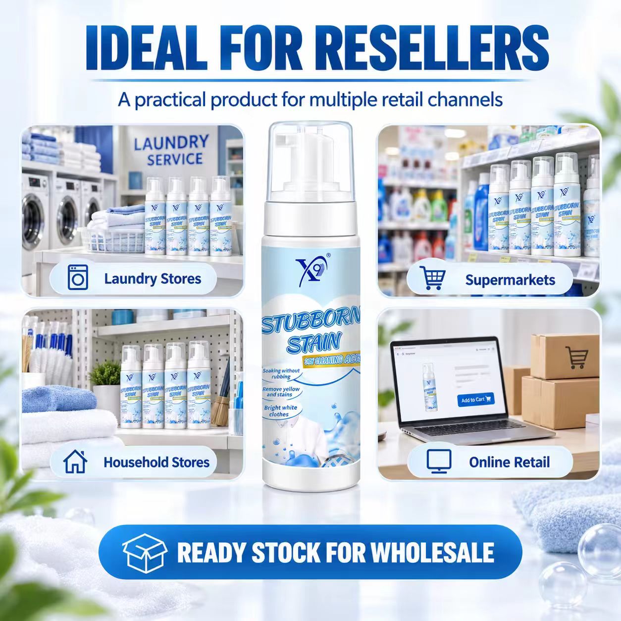 Foaming fabric stain remover for common washable fabrics with usage guide