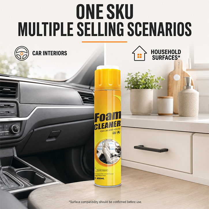Multi-purpose foam cleaner for car interiors and household surfaces