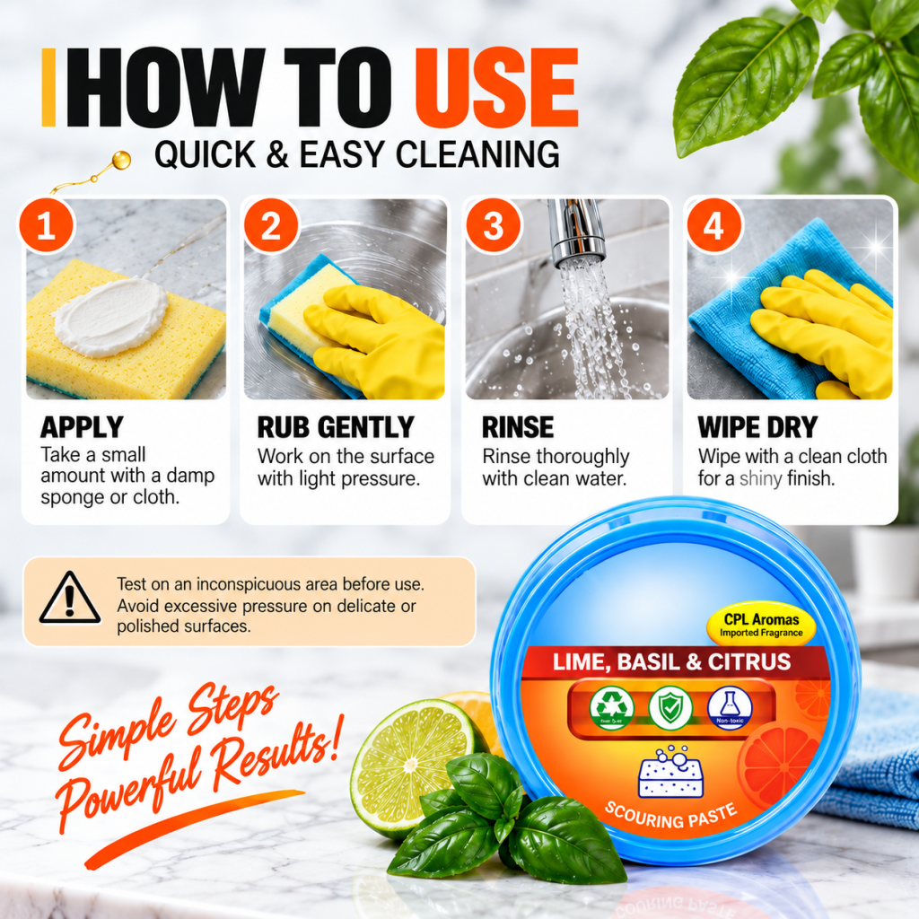 How to use multi-purpose cleaning paste: apply with a damp sponge, rub gently, rinse with clean water and wipe dry