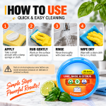 How to use multi-purpose cleaning paste: apply with a damp sponge, rub gently, rinse with clean water and wipe dry