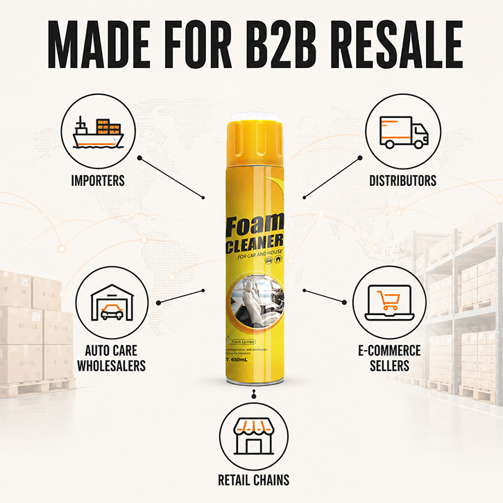 Multi-purpose foam cleaner for importers distributors auto care wholesalers retail chains and ecommerce sellers