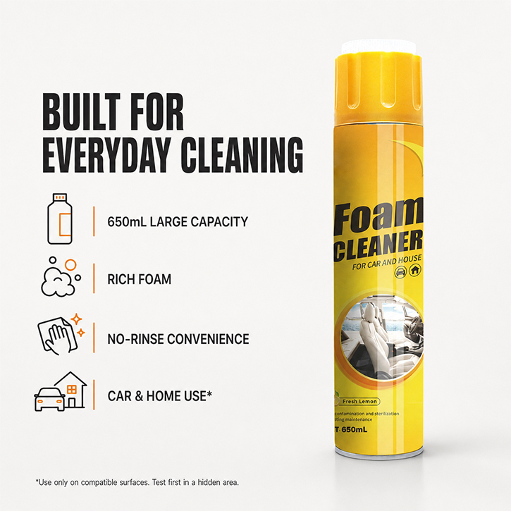 Multi-purpose foam cleaner for everyday car and household cleaning