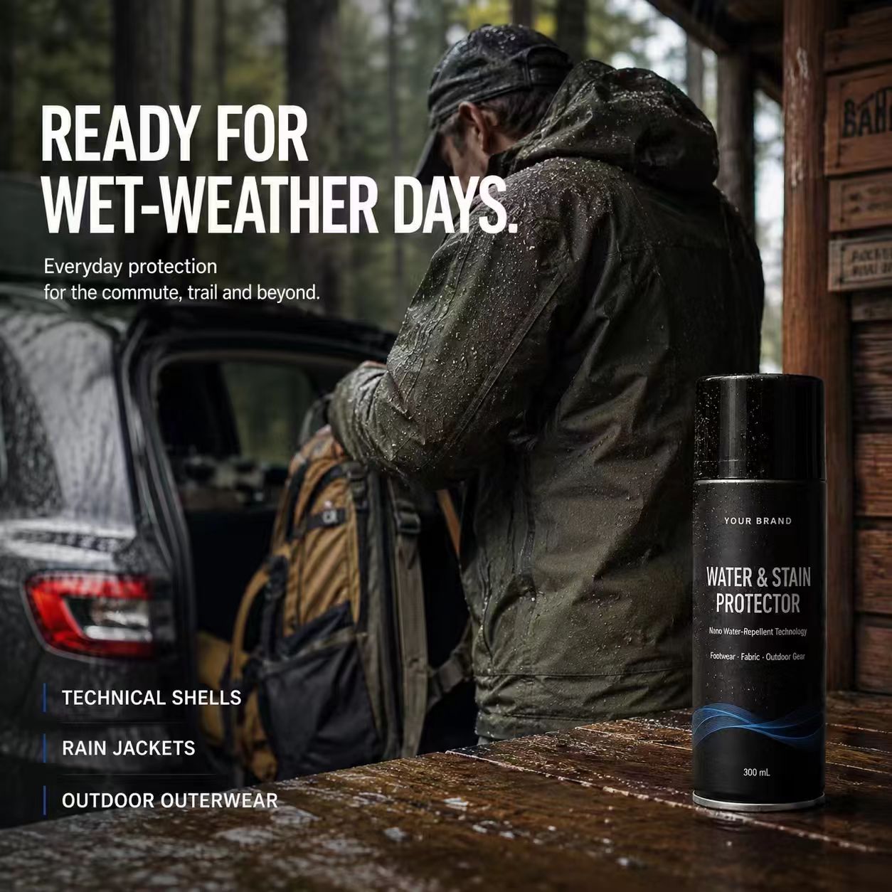 Outerwear water and stain protector for rain jackets and wet weather use