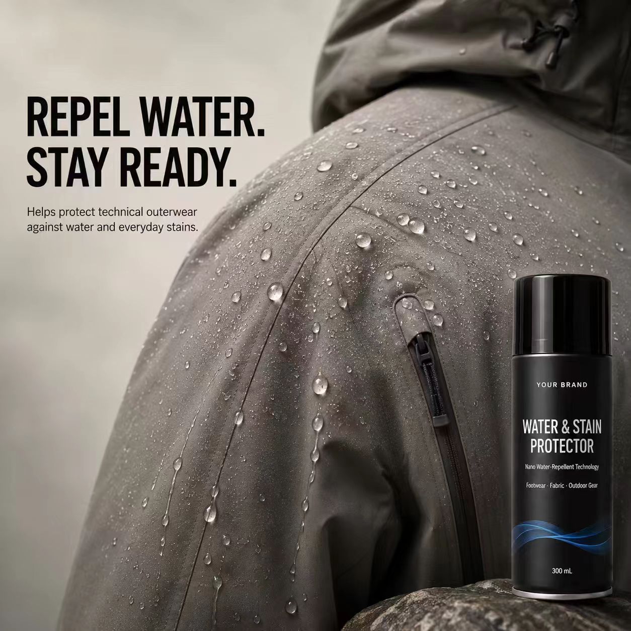 Water repellent protection on technical outerwear using water and stain protector spray