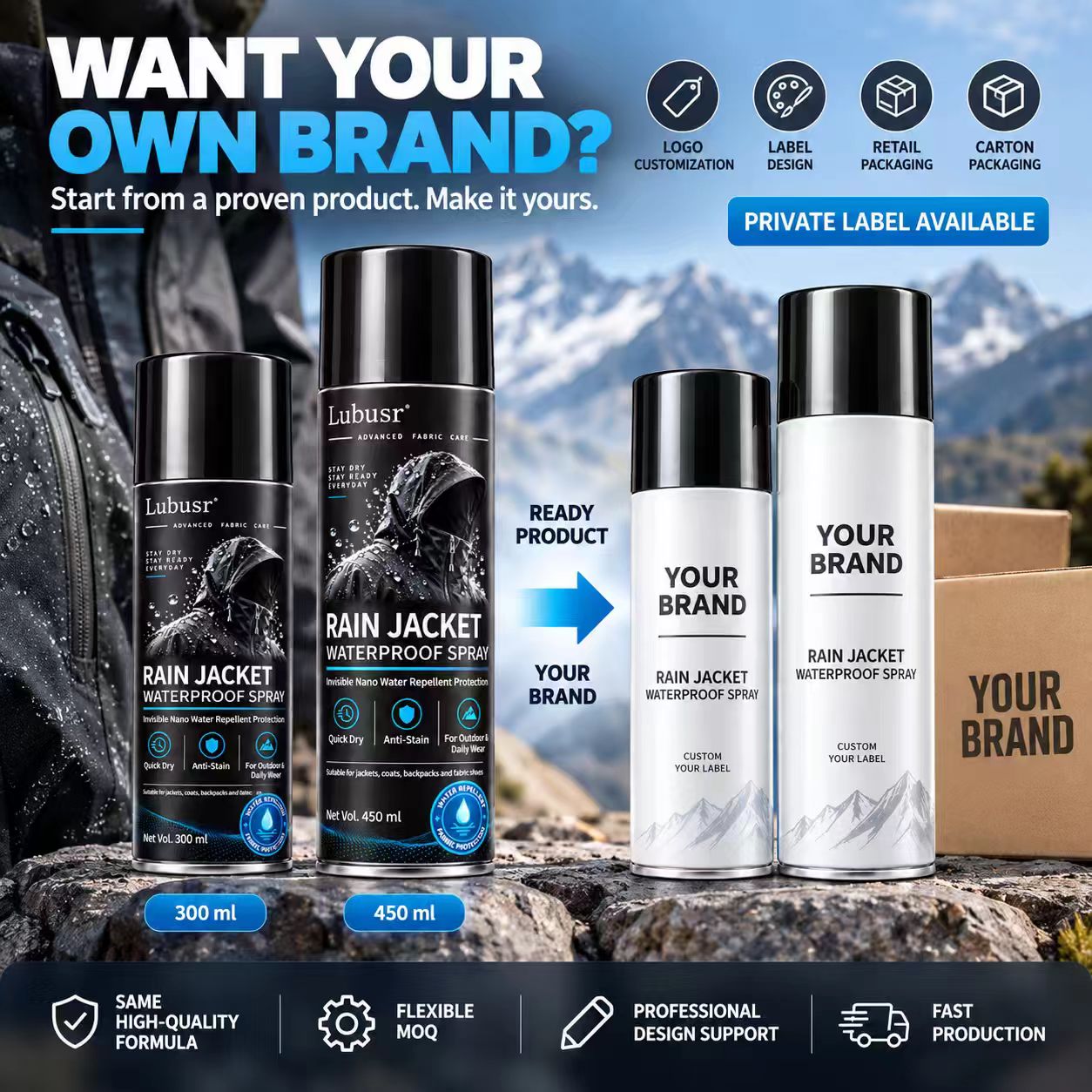 Private label rain jacket waterproof spray with custom branding and packaging