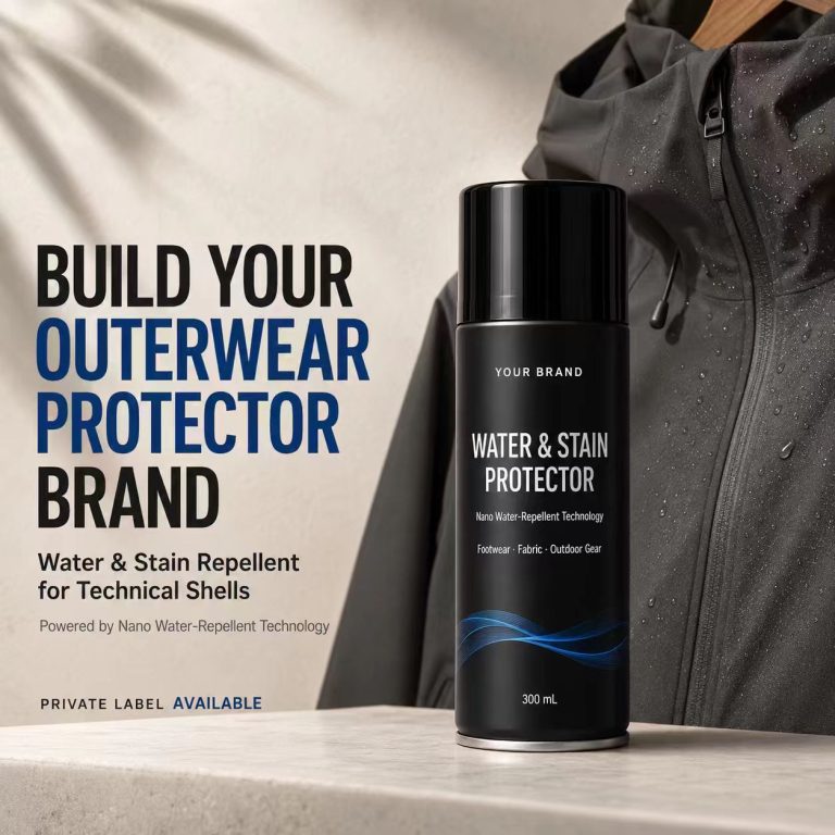 Private label water and stain protector spray for technical outerwear