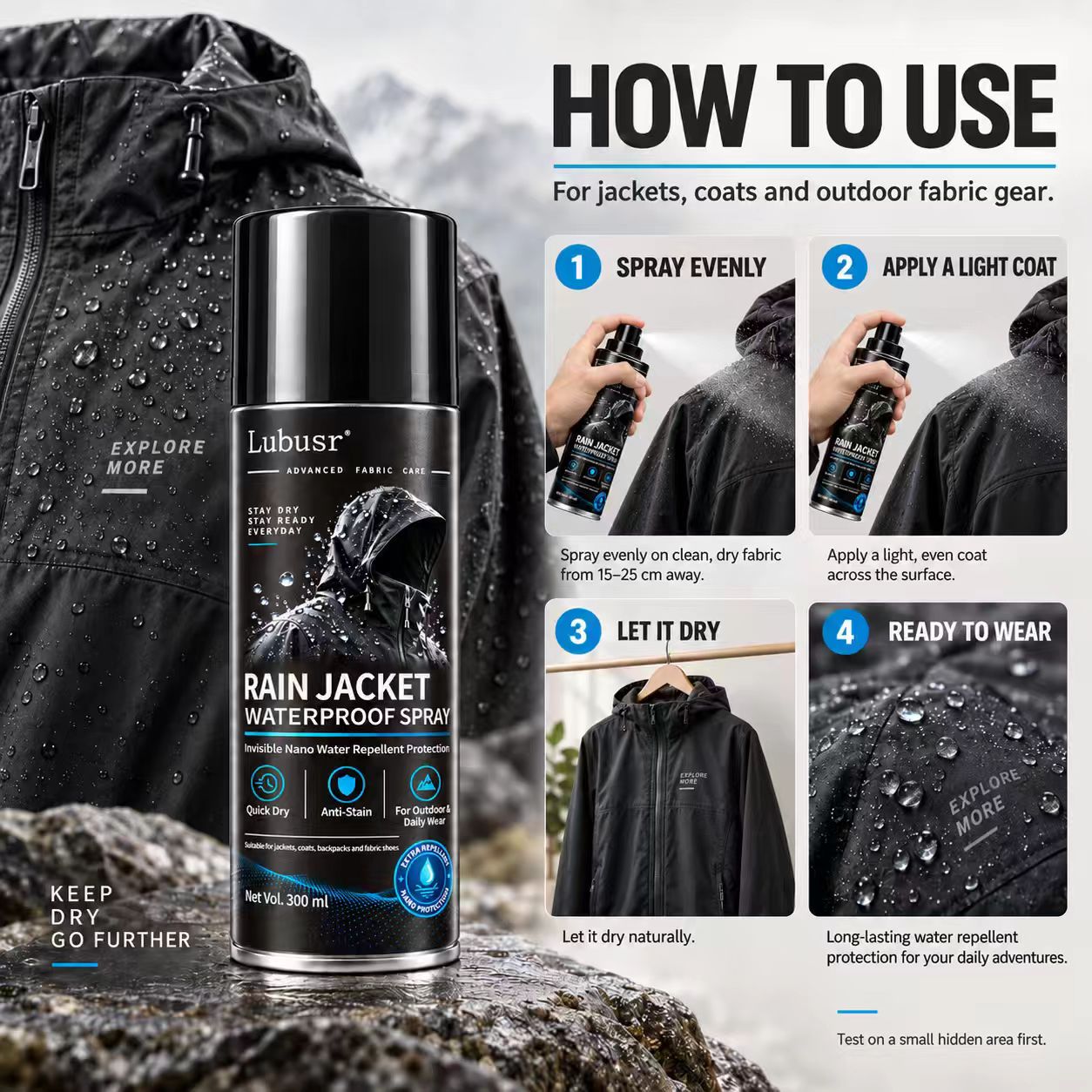 How to use rain jacket waterproof spray on outdoor fabric gear