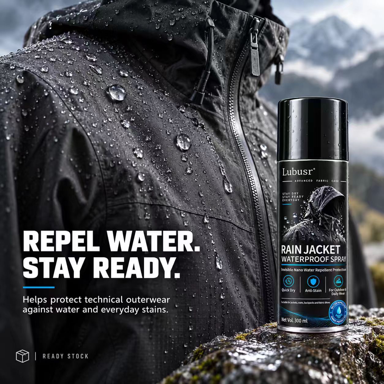 Rain jacket waterproof spray showing water repellent protection on technical outerwear