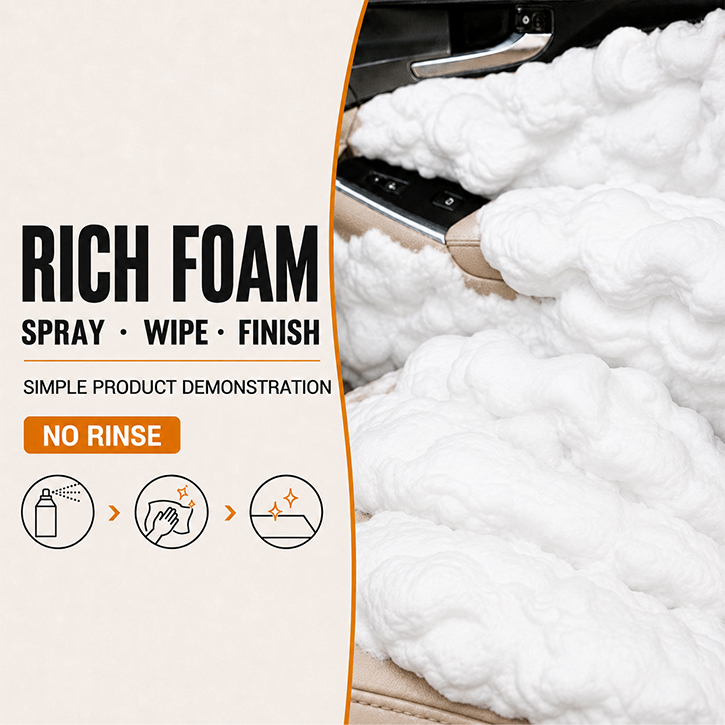 Rich foam multi-purpose cleaner with simple spray wipe and finish application