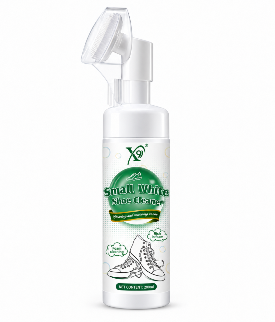 200 mL small white shoe cleaner bottle with a built-in brush applicator and green label on a white background