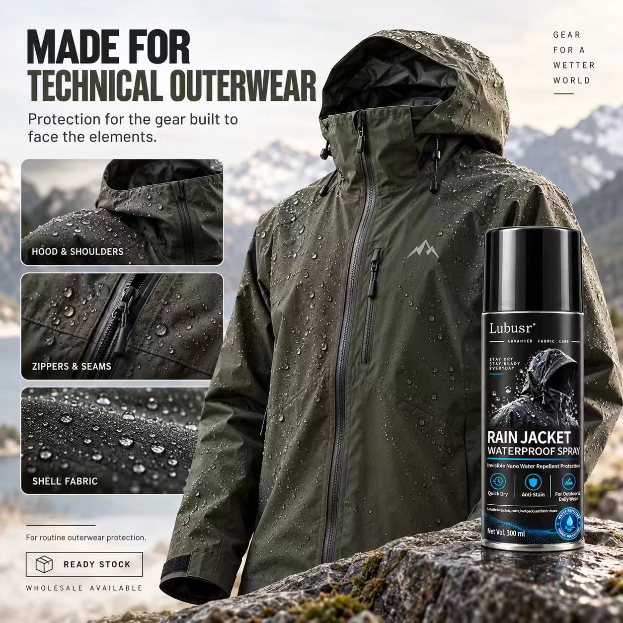 Waterproof spray for technical outerwear hood shoulders seams and shell fabric