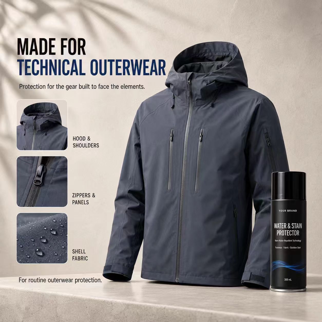 Water and stain protector spray for technical outerwear hood panels and shell fabric