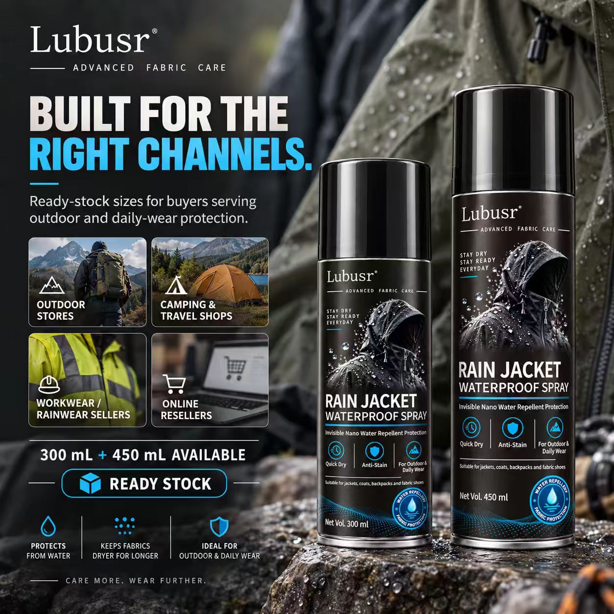 300ml and 450ml waterproof spray for outdoor stores workwear sellers and resellers